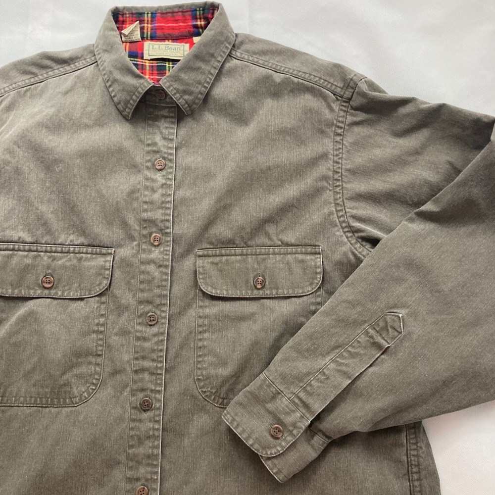 Vintage LL Bean Tartan Flannel Lined Shirt Jacket Womens Large Olive Green